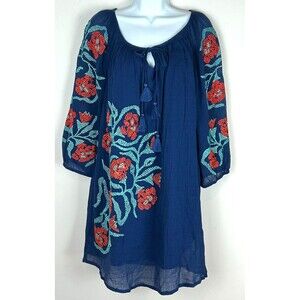 Trina Turk Blue Embroidered Boho Cotton Lined Floral Tunic Dress Size 6 NEW